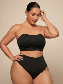 SHEIN BAE CURVE 女士加大码无线舒适全覆盖文胸，带多个纽扣，1 件 - 黑色 - 查看 4