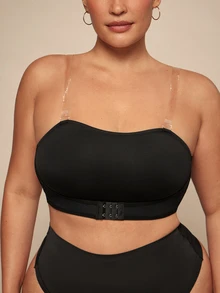 SHEIN BAE CURVE 女士加大码无线舒适全覆盖文胸，带多个纽扣，1 件 - 黑色 - 查看 5