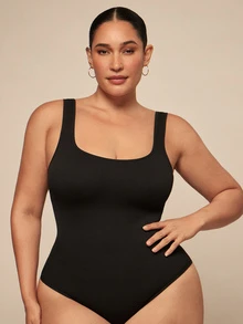 SHEIN BAE CURVE 大码女式无缝腰部束身衣，带丁字裤，塑身衣 - 黑色 - 查看 4