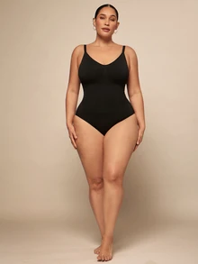 SHEIN BAE CURVE 1 件女士加大码无缝塑身衣一体式紧身衣，腰腹部瘦身，按扣裆部，可外穿 - 黑色 - 查看 5