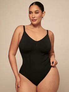 SHEIN BAE CURVE 1 件女士加大码无缝塑身衣一体式紧身衣，腰腹部瘦身，按扣裆部，可外穿 - 黑色 - 查看 3