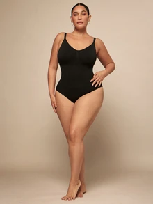 SHEIN BAE CURVE 1 件女士加大码无缝塑身衣一体式紧身衣，腰腹部瘦身，按扣裆部，可外穿 - 黑色 - 查看 2