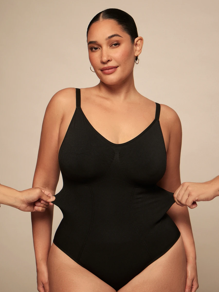 SHEIN BAE CURVE 1 件女士加大码无缝塑身衣一体式紧身衣，腰腹部瘦身，按扣裆部，可外穿 - 黑色 - 查看 1