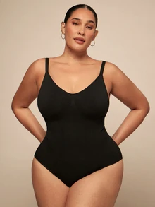SHEIN BAE CURVE 1 件女士加大码无缝塑身衣一体式紧身衣，腰腹部瘦身，按扣裆部，可外穿 - 黑色 - 查看 7