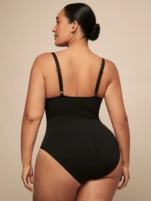 SHEIN BAE CURVE 1 件女士加大码无缝塑身衣一体式紧身衣，腰腹部瘦身，按扣裆部，可外穿 - 黑色 - 查看 4