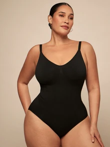 SHEIN BAE CURVE 1 件女士加大码无缝塑身衣一体式紧身衣，腰腹部瘦身，按扣裆部，可外穿 - 黑色 - 查看 6