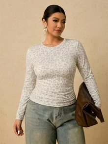 Voyena 女款休閒淺豹紋動物印花圓領長袖修身基本款秋季T恤上衣 - 彩色 - 查看 7