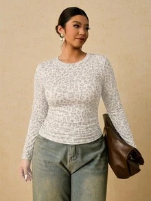 Voyena 女款休閒淺豹紋動物印花圓領長袖修身基本款秋季T恤上衣 - 彩色 - 查看 5