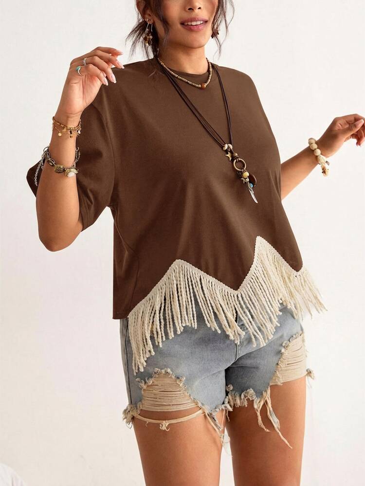 Freevana Plus Size Women's Summer Western Cowgirl Vacation Loose Drop Shoulder Fringe Hem Casual T-Shirt - Coffee Brown - View 2