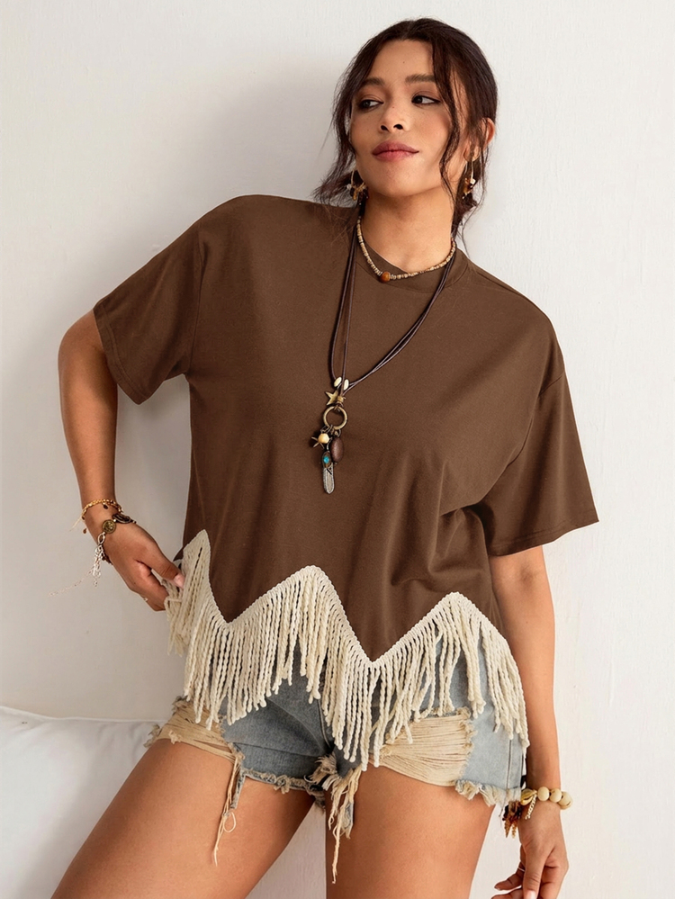 Freevana Plus Size Women's Summer Western Cowgirl Vacation Loose Drop Shoulder Fringe Hem Casual T-Shirt - Coffee Brown - View 7