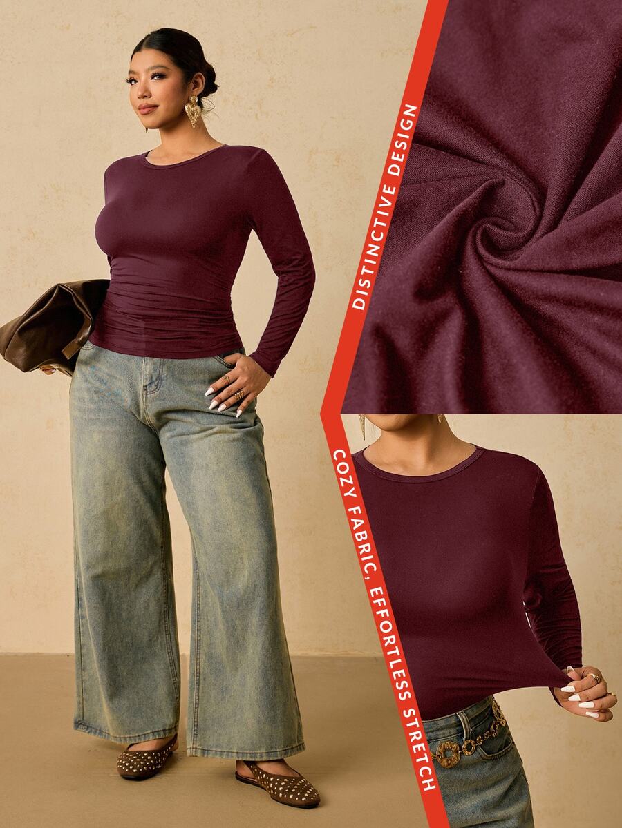 Freevana Plus Size Women Black Long Sleeve Round Neck Thermal Undershirt, Waist Ruched Tummy Control T-Shirt Winter - Burgundy - View 1