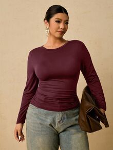 Freevana 加大码女式黑色长袖圆领保暖内衣，腰部褶皱收腹T恤 - 酒紅色 - 查看 6