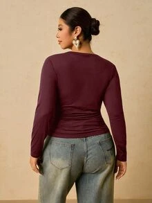 Freevana 加大码女式黑色长袖圆领保暖内衣，腰部褶皱收腹T恤 - 酒紅色 - 查看 3