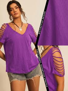 Freevana Plus Size Women Solid Color Casual Versatile Daily Wear T-Shirt - Purple - View 1