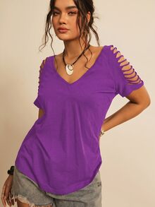 Freevana Plus Size Women Solid Color Casual Versatile Daily Wear T-Shirt - Purple - View 4