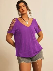 Freevana Plus Size Women Solid Color Casual Versatile Daily Wear T-Shirt - Purple - View 3