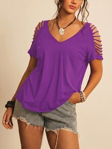 Freevana Plus Size Women Solid Color Casual Versatile Daily Wear T-Shirt - Purple - View 7