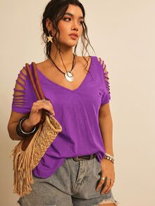 Freevana Plus Size Women Solid Color Casual Versatile Daily Wear T-Shirt - Purple - View 6