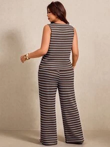 Elaquor Plus Size Summer Casual Soft Form Business Boho Brown Tank Top Long Pants 2 Pieces Set Vacation Beach Brunch Formal - Brown - View 3