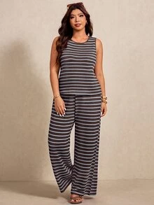 Elaquor Plus Size Summer Casual Soft Form Business Boho Brown Tank Top Long Pants 2 Pieces Set Vacation Beach Brunch Formal - Brown - View 4