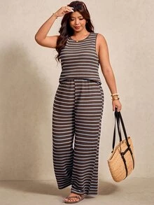 Elaquor Plus Size Summer Casual Soft Form Business Boho Brown Tank Top Long Pants 2 Pieces Set Vacation Beach Brunch Formal - Brown - View 8