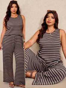 Elaquor Plus Size Summer Casual Soft Form Business Boho Brown Tank Top Long Pants 2 Pieces Set Vacation Beach Brunch Formal - Brown - View 2