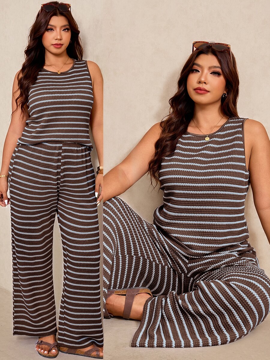 Elaquor Plus Size Summer Casual Soft Form Business Boho Brown Tank Top Long Pants 2 Pieces Set Vacation Beach Brunch Formal