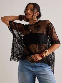 Freevana Blusa de encaje transparente para mujer de talla grande, versátil para carnaval, fiesta y playa - Negro - Ver 8
