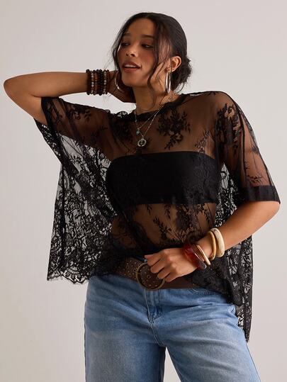 Freevana Plus Size Women Sheer Lace Blouse , Versatile Carnival Party Beach
