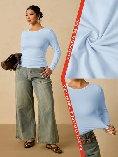 Freevana Plus Size Women's Light Blue Long Sleeve Round Neck Thermal Base Layer Top, Ruched Waist T-Shirt Holiday Autumn Medieval Winter Gym Holiday Holiday