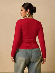 Freevana Plus Size Women Black Long Sleeve Round Neck Thermal Undershirt, Waist Ruched Tummy Control T-Shirt Winter - Red - View 2