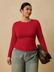 Freevana Plus Size Women Black Long Sleeve Round Neck Thermal Undershirt, Waist Ruched Tummy Control T-Shirt Winter - Red - View 4