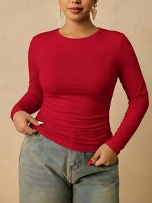 Freevana Plus Size Women Black Long Sleeve Round Neck Thermal Undershirt, Waist Ruched Tummy Control T-Shirt Winter - Red - View 1