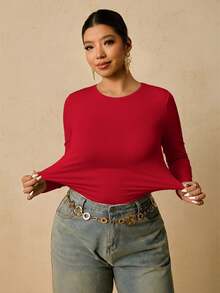 Freevana Plus Size Women Black Long Sleeve Round Neck Thermal Undershirt, Waist Ruched Tummy Control T-Shirt Winter - Red - View 6