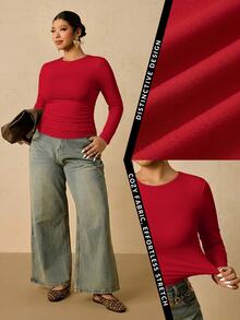 Freevana Plus Size Women Black Long Sleeve Round Neck Thermal Undershirt, Waist Ruched Tummy Control T-Shirt Winter - Red - View 7