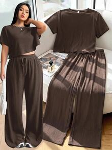 SHEIN EZwear 大码纯色圆领短袖上衣和长裤休闲度假清凉感两件套，夏季/春季女装，春假 - 咖啡棕 - 查看 2