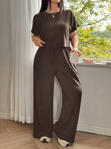 SHEIN EZwear 大码纯色圆领短袖上衣和长裤休闲度假清凉感两件套，夏季/春季女装，春假 - 咖啡棕 - 查看 5