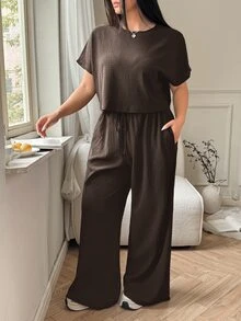 SHEIN EZwear 大码纯色圆领短袖上衣和长裤休闲度假清凉感两件套，夏季/春季女装，春假 - 咖啡棕 - 查看 6
