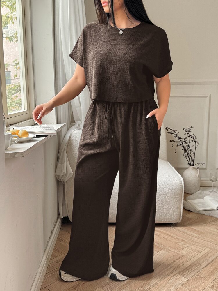 SHEIN EZwear Plus Size Solid Crew Neck Short Sleeve Top And Long Pants Casual Vacation Cool Feeling 2 Pieces Set, Summer /Spring Women Outfit, Spring Break - Coffee Brown - View 5