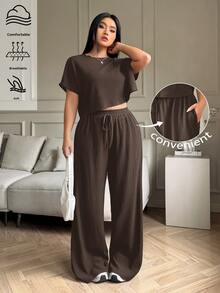 SHEIN EZwear 大码纯色圆领短袖上衣和长裤休闲度假清凉感两件套，夏季/春季女装，春假 - 咖啡棕 - 查看 7