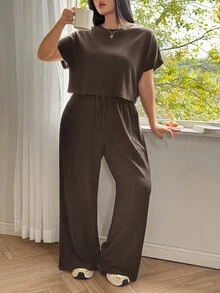 SHEIN EZwear 大码纯色圆领短袖上衣和长裤休闲度假清凉感两件套，夏季/春季女装，春假 - 咖啡棕 - 查看 4
