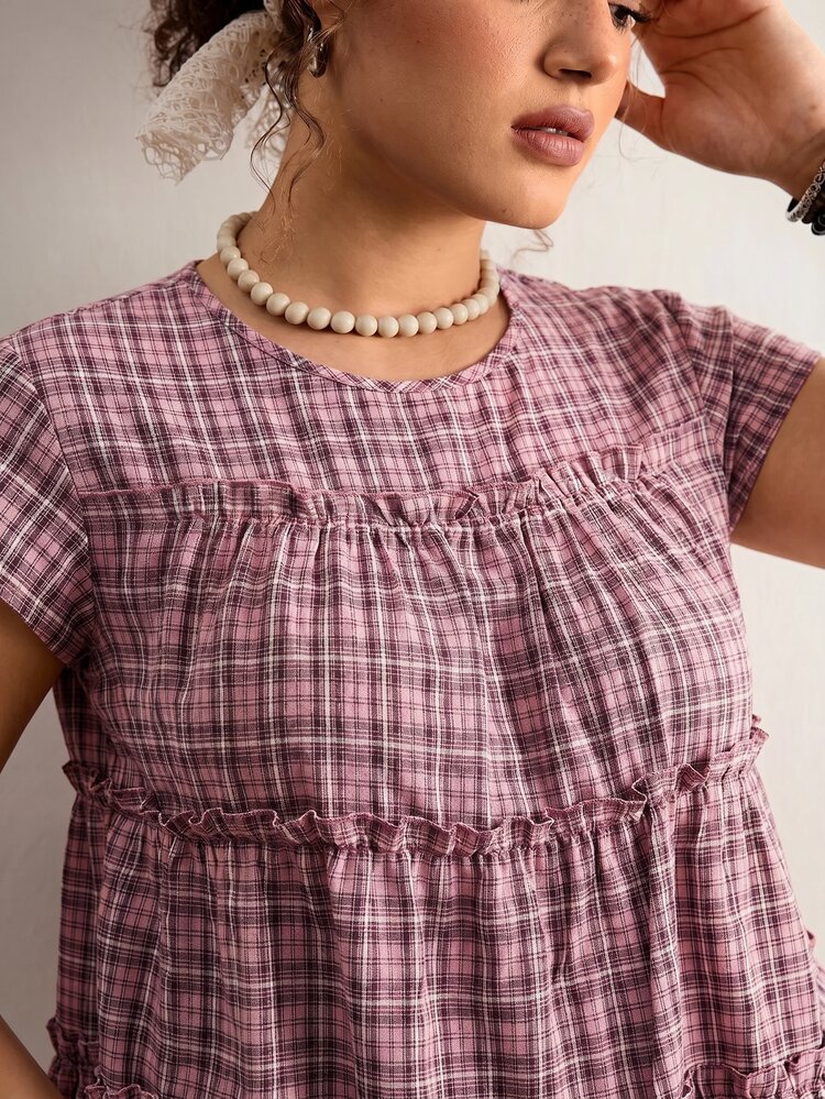 Freevana Plus Size Women's Round Neck Plaid Pleated Casual Boho Versatile Daily Vacation Outing Shirt White Summer - Pink - View 6