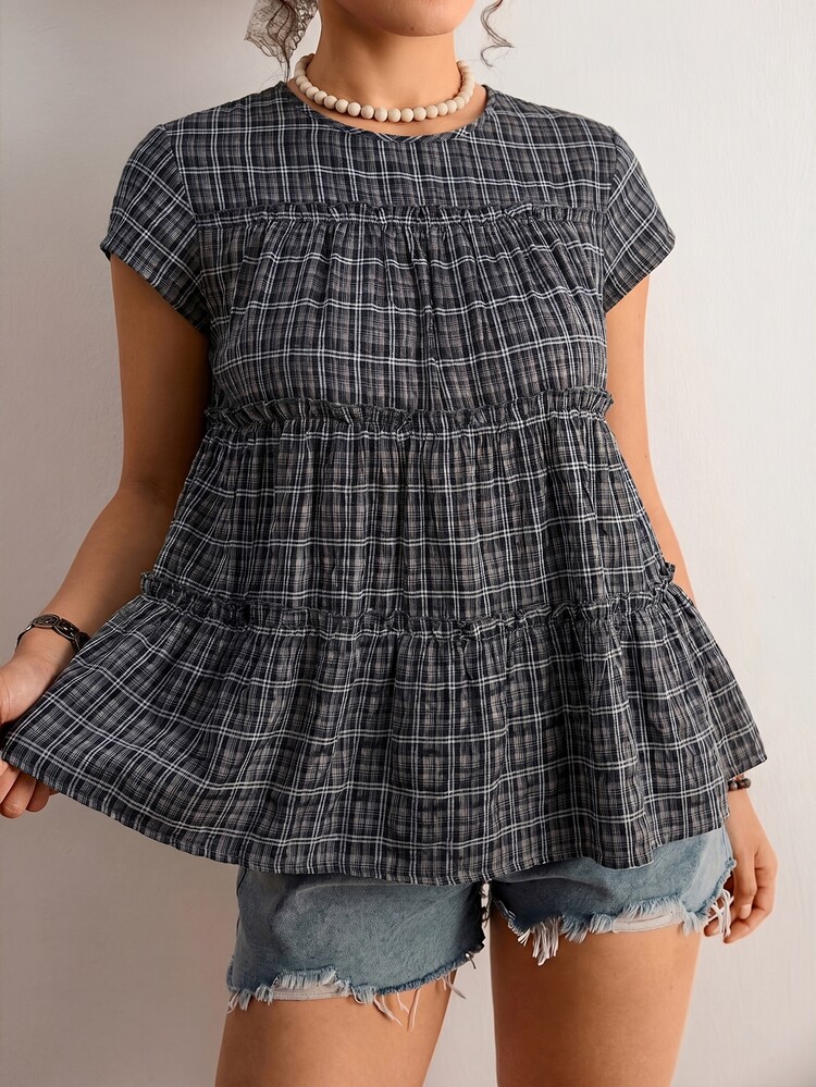 Freevana Plus Size Women's Plaid Round Neck Cap Sleeve Frill Trim Cute 90s 1950s Vintage Blouse Holiday Navy Blue Summer Holiday Vacation Vacation Vacation - Black - View 4