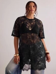 Freevana 大尺碼浪漫復古波希米亞蕾絲花卉印花短袖套頭上衣，長版上衣，初夏新品，適合情人節、音樂節及其他場合 - 黑色 - 查看 5