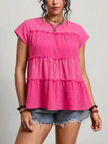 Freevana Plus Size Women's Solid Color Frill Trim Round Neck Frill Trim Loose Blouse Vacation Hot Pink Summer Boho Casual Soft Form Formal Office Vacation - Hot Pink - View 7