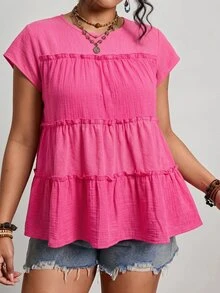 Freevana Plus Size Women's Solid Color Frill Trim Round Neck Frill Trim Loose Blouse Vacation Hot Pink Summer Boho Casual Soft Form Formal Office Vacation - Hot Pink - View 6
