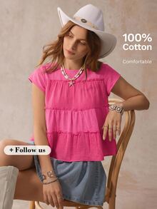Freevana Plus Size Women's Solid Color Frill Trim Round Neck Frill Trim Loose Blouse Vacation Hot Pink Summer Boho Casual Soft Form Formal Office Vacation - Hot Pink - View 5