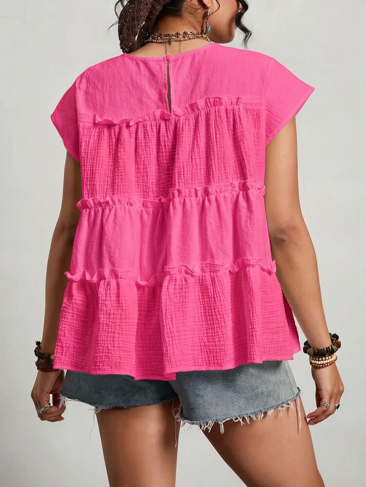 Freevana Plus Size Women's Solid Color Frill Trim Round Neck Frill Trim Loose Blouse Vacation Hot Pink Summer Boho Casual Soft Form Formal Office Vacation - Hot Pink - View 2