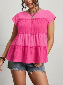 Freevana Plus Size Women's Solid Color Frill Trim Round Neck Frill Trim Loose Blouse Vacation Hot Pink Summer Boho Casual Soft Form Formal Office Vacation - Hot Pink - View 8