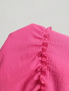 Freevana Plus Size Women's Solid Color Frill Trim Round Neck Frill Trim Loose Blouse Vacation Hot Pink Summer Boho Casual Soft Form Formal Office Vacation - Hot Pink - View 9